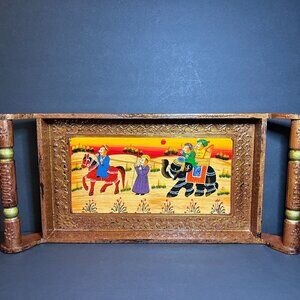 Vintage Indian Rajasthani Hand Painted Lacquered Wood Serving Tray w/ Handles